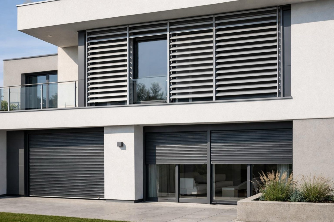 Frangisole e tapparelle su facciata contemporanea